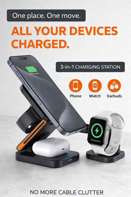 Station de charge sans fil 3-en-1 – Organisation & énergie au quotidien